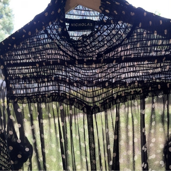 Nicholas Sheer Silk Polka Dot Smocked Tie Front Cropped Blouse Black Small - Picture 15 of 16